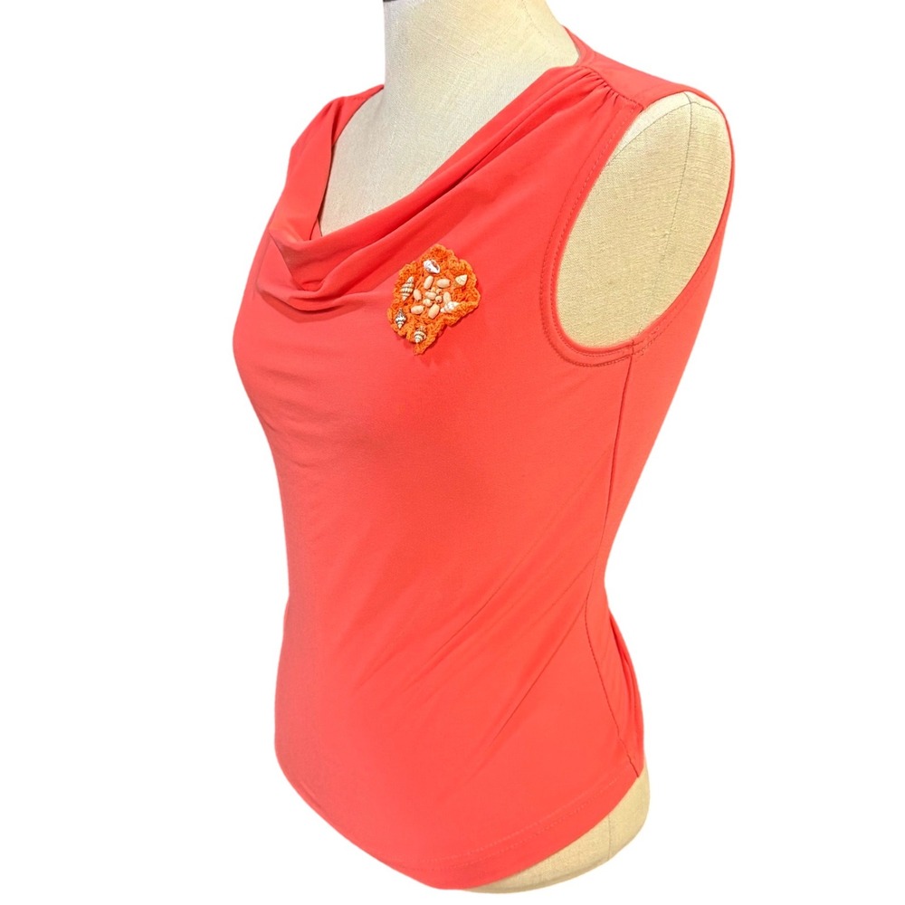 VTG Ronni Nicole 6 Cowl Neck Tank Top Orange Seashell Applique Coastal Summer